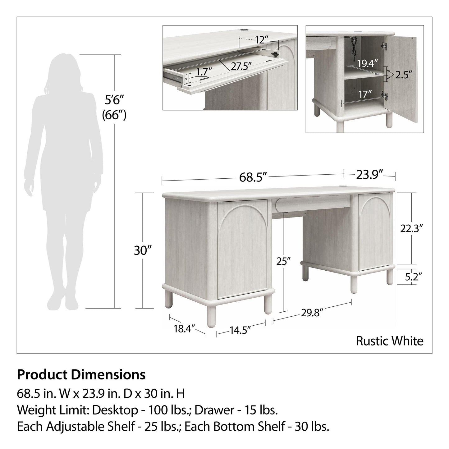 Selena Double Pedestal Desk - Rustic White Solid Wood