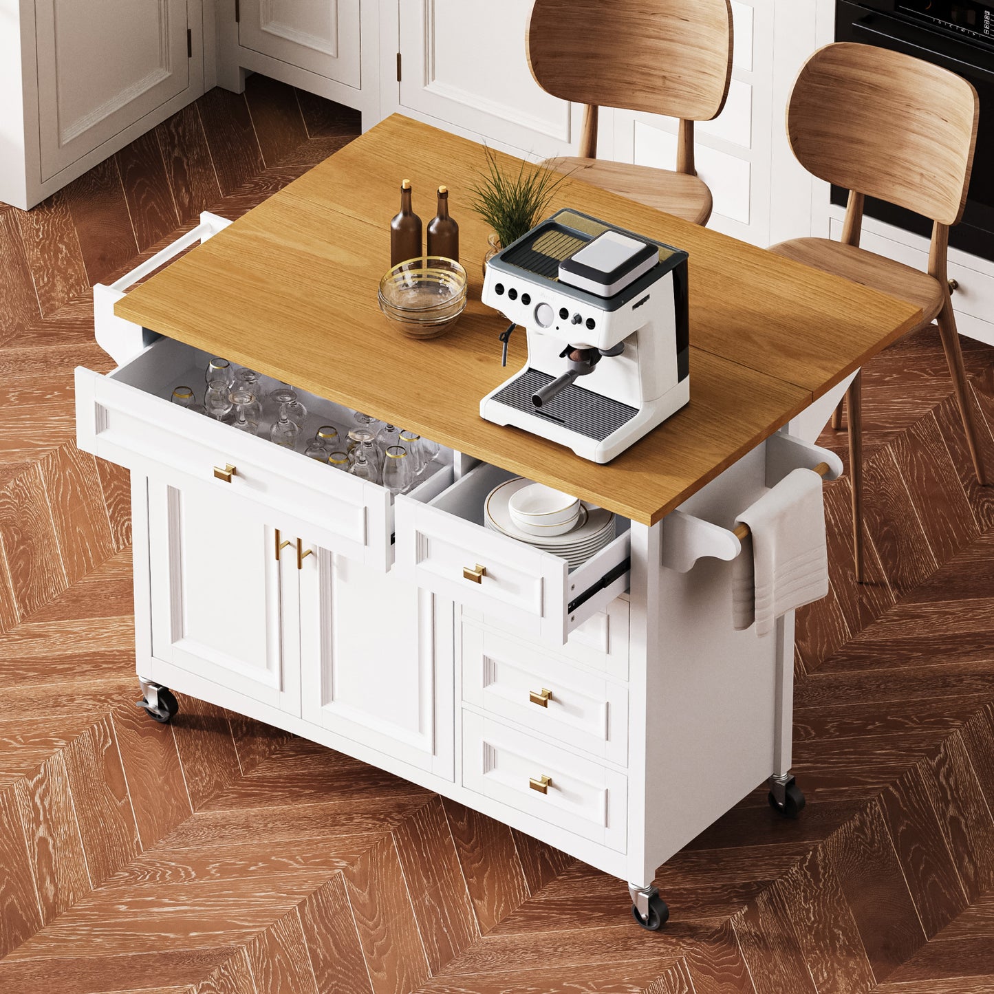 52'' Kitchen Island on Wheels with Drop Leaf & Storage - White