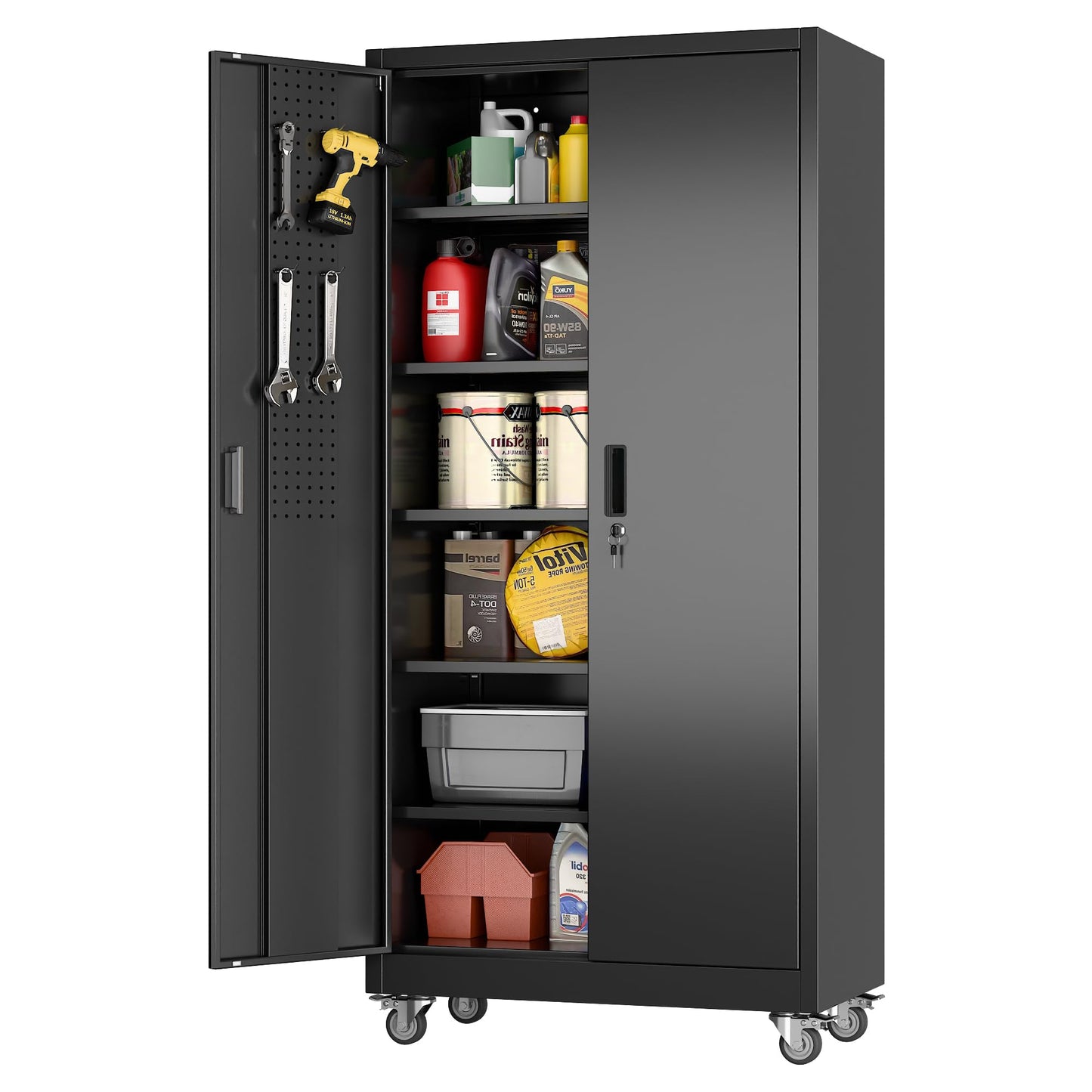 Metal Garage Storage Cabinet with Wheels - 34" W, Lockable, 5 Shelves