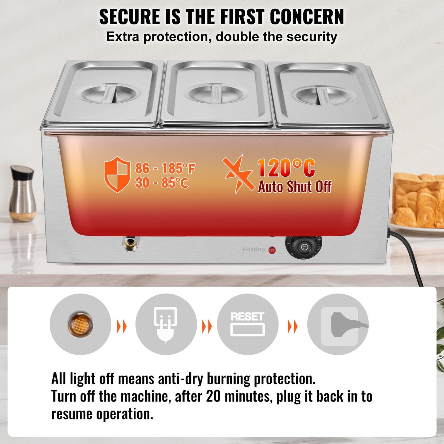 Commercial Food Warmer 3-Pan Countertop Buffet Bain Marie 24QT - Silver