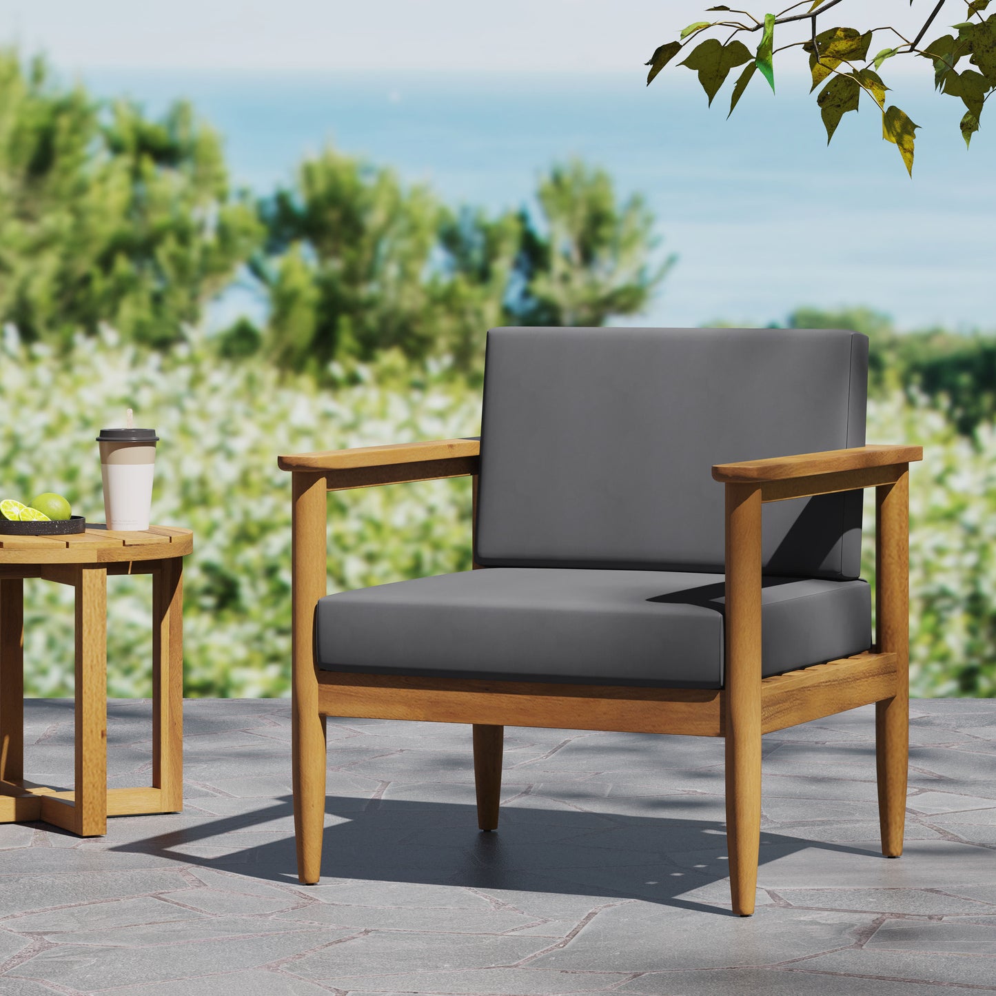 Gavin Club Chair - Dark Grey Acacia Wood with Water-Resistant Cushions