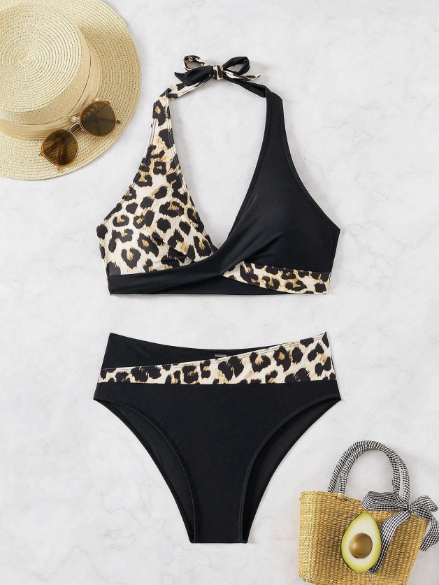Women's Casual Two-Piece Bikini Set - Halterneck, Solid Color