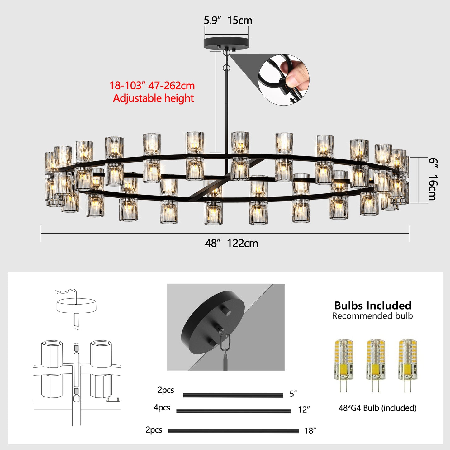 48-Inch Luxury Crystal Chandelier - Modern LED Lighting for Home Decor