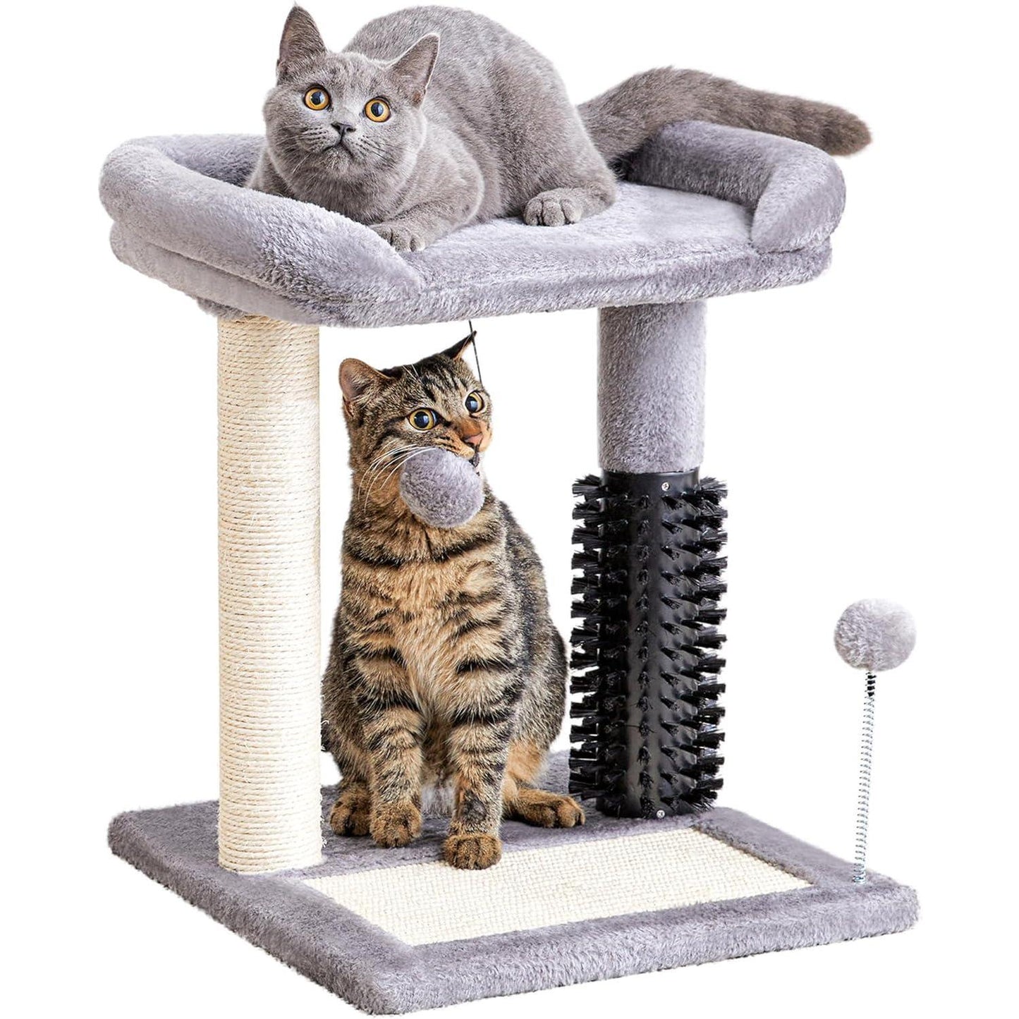 Small 4-in-1 Cat Tree Tower with Self-Grooming Brush & Sisalg Scratching Post - Grey