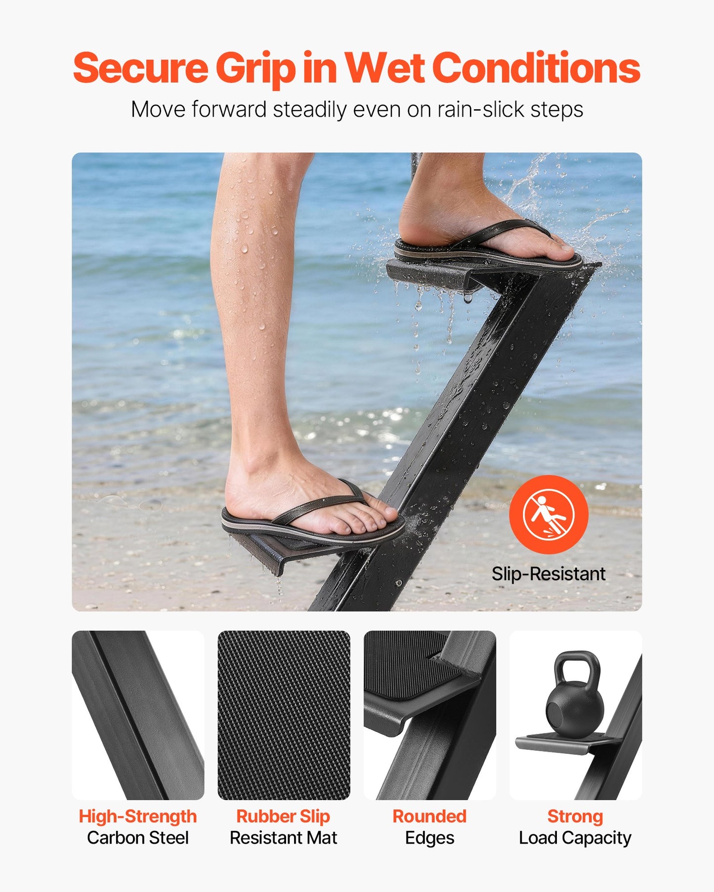 Heavy-Duty Boat Trailer Steps with Handle - Non-Slip Steel Ladder, Black