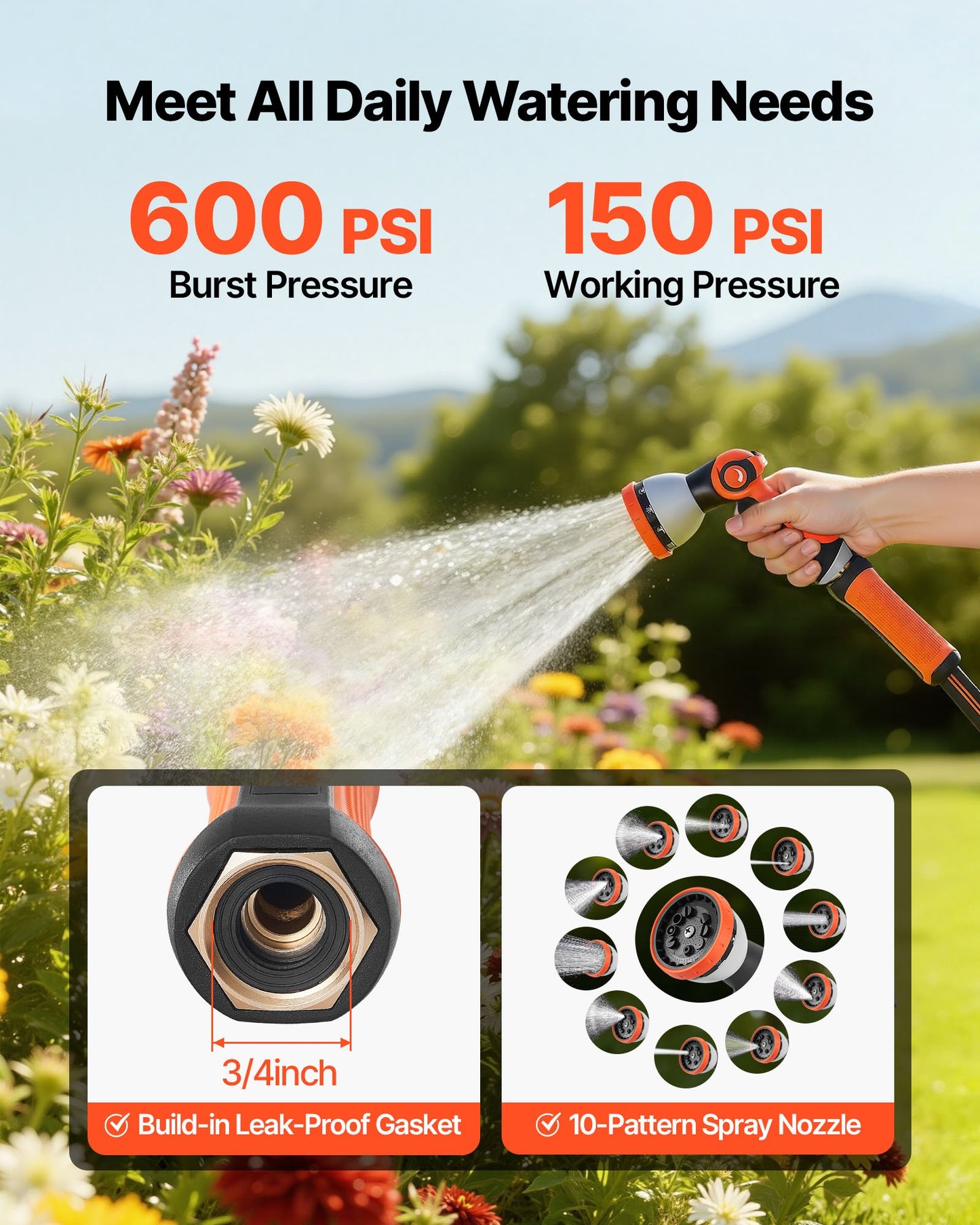 200 Ft Heavy Duty Rubber Garden Hose with 10-Pattern Nozzle, Leak-Proof Fittings