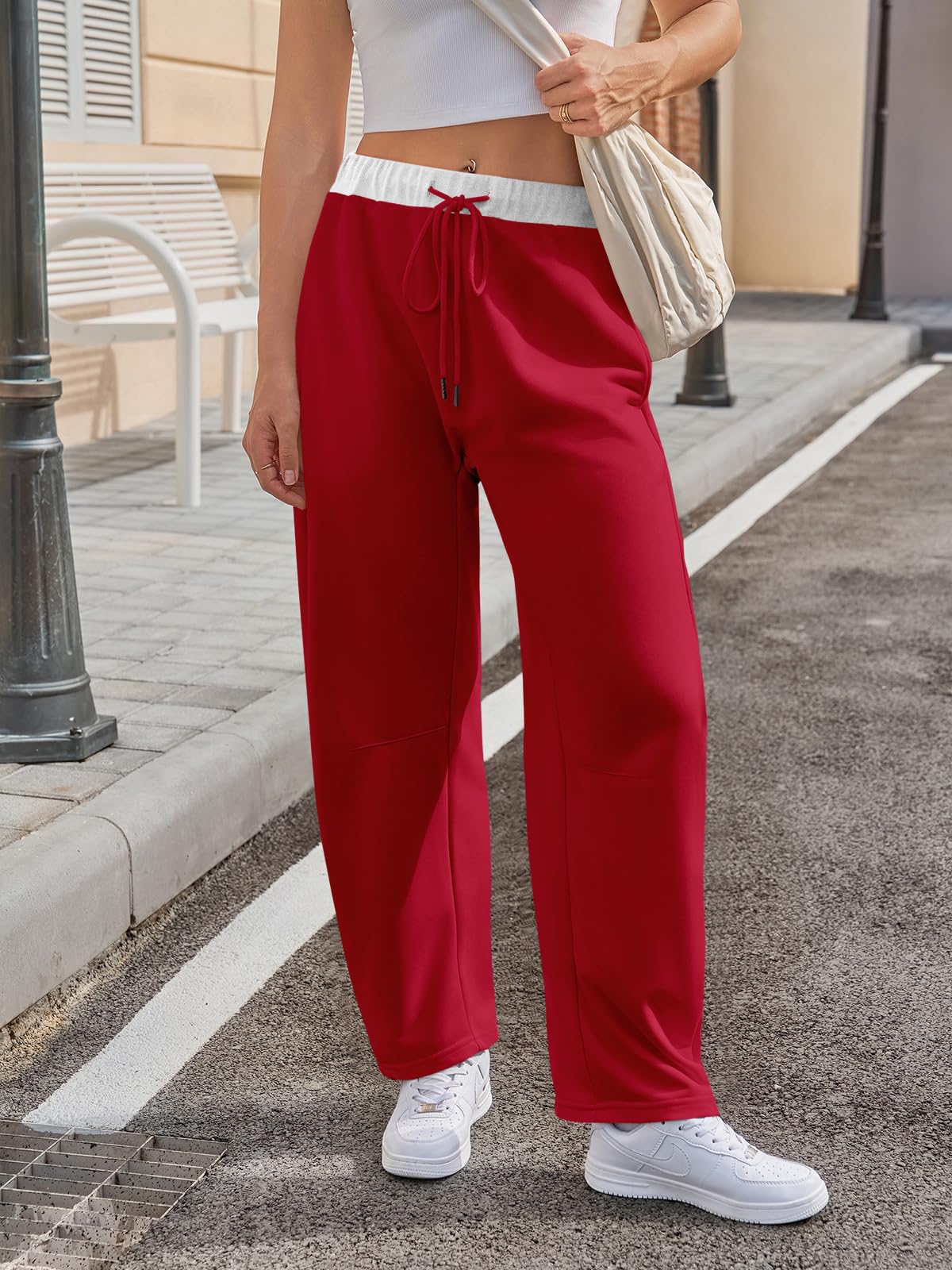 Wide Leg Sweatpants with Drawstring Waist and Pockets - Color Block
