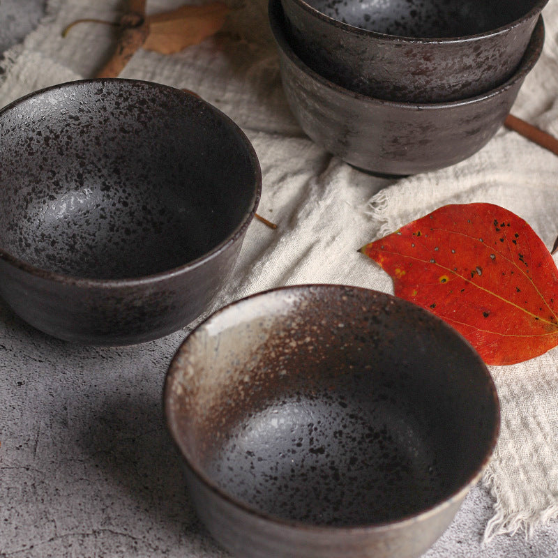 Japanese Ceramic Bowl - Retro Stoneware Tableware for Kitchen & Dining - Black - 11cm
