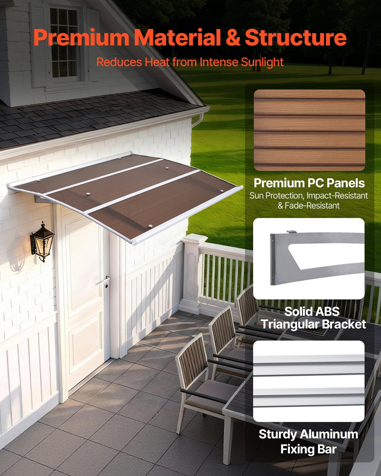 Black Polycarbonate Door Awning 37x47 Inch Outdoor Porch Canopy Weatherproof