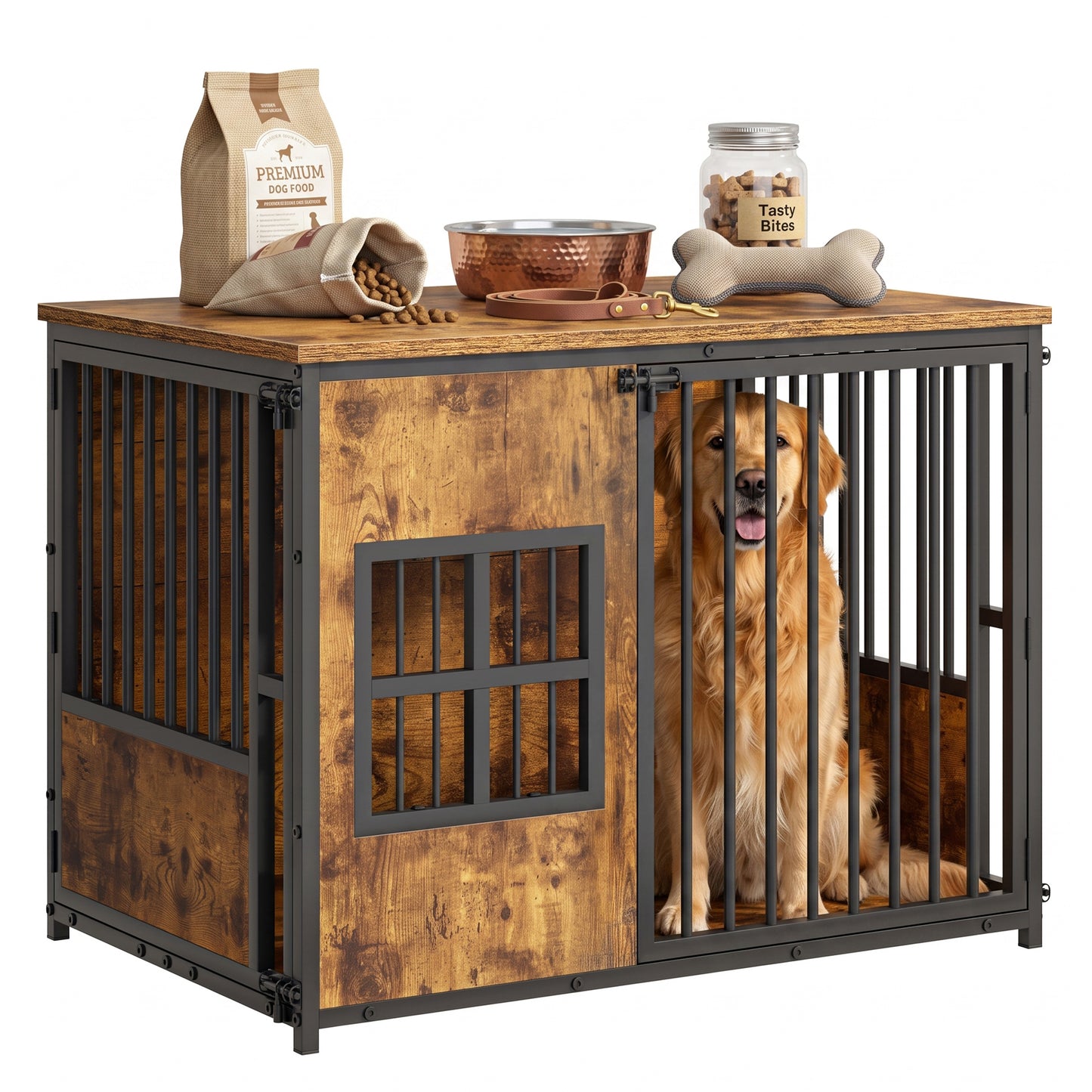Large Wooden Dog Crate Furniture with Storage Top - Indoor Pet Kennel