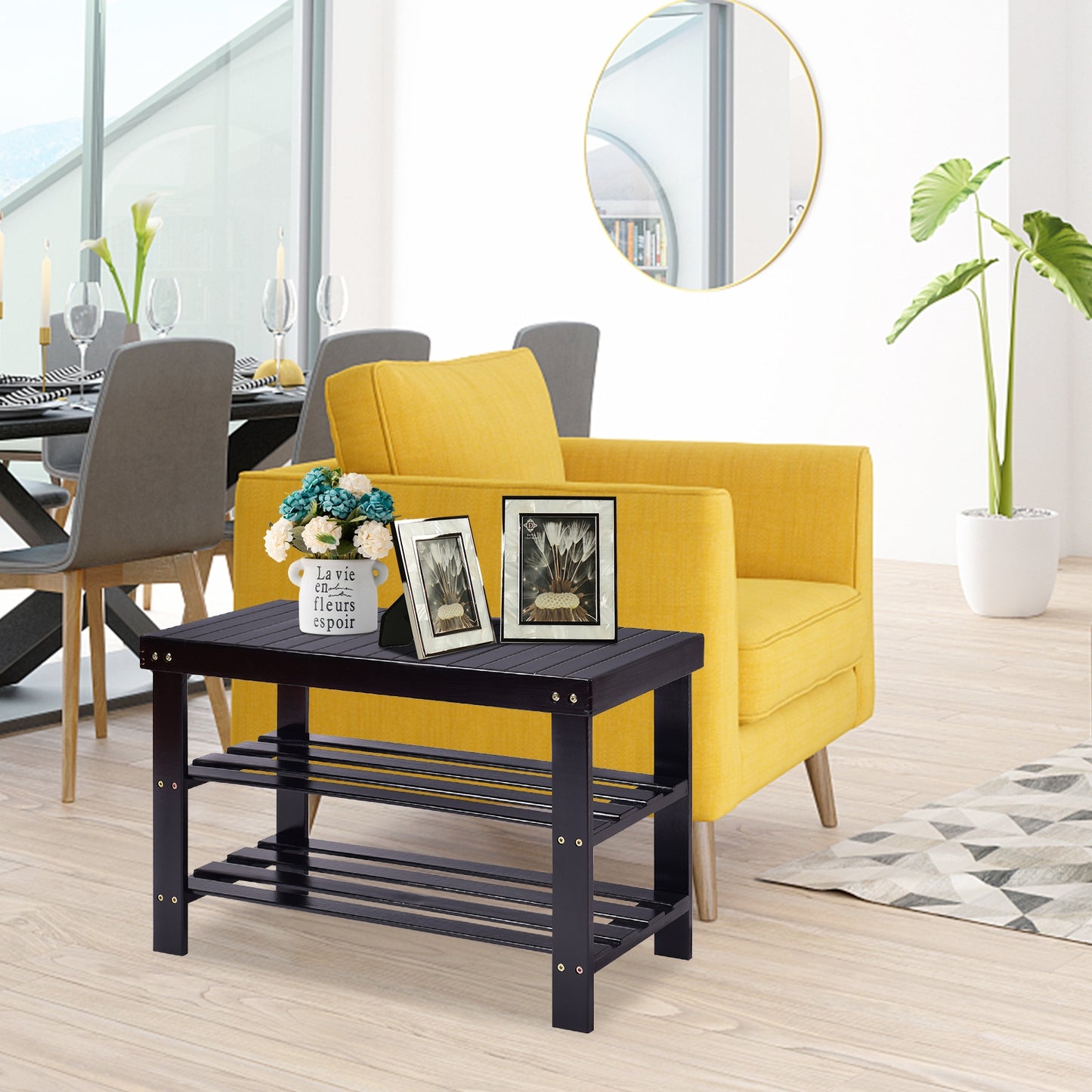 3-Tier Bamboo Shoe Storage Bench - Black