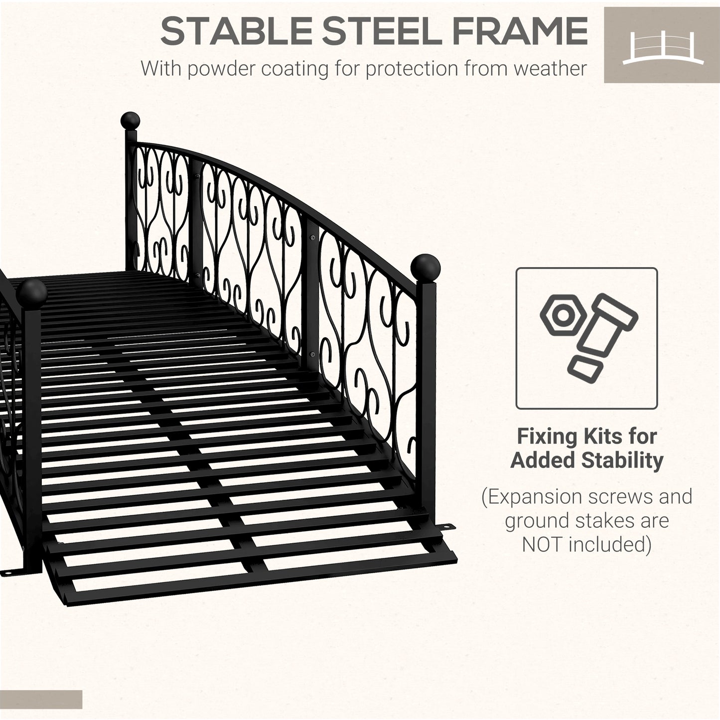 Metal Garden Bridge with Side Railings - Black Arc Footbridge, 840x740mm