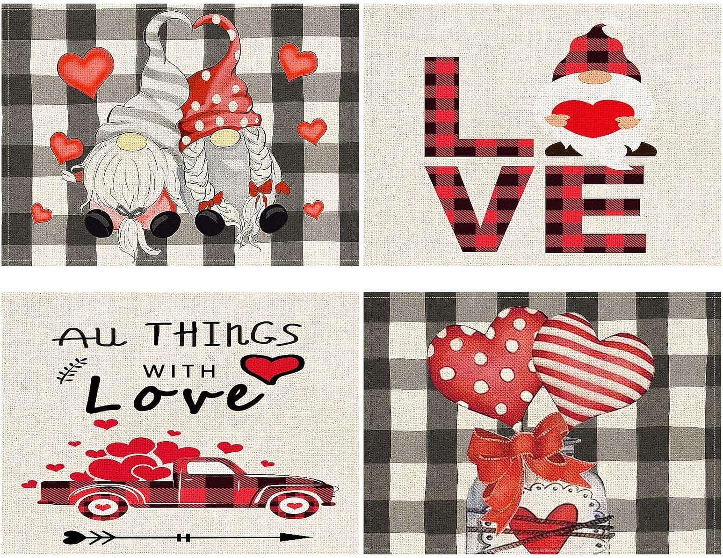 Valentine's Day Placemats Set of 4 - Gnomes & Hearts, 17x12.5 In