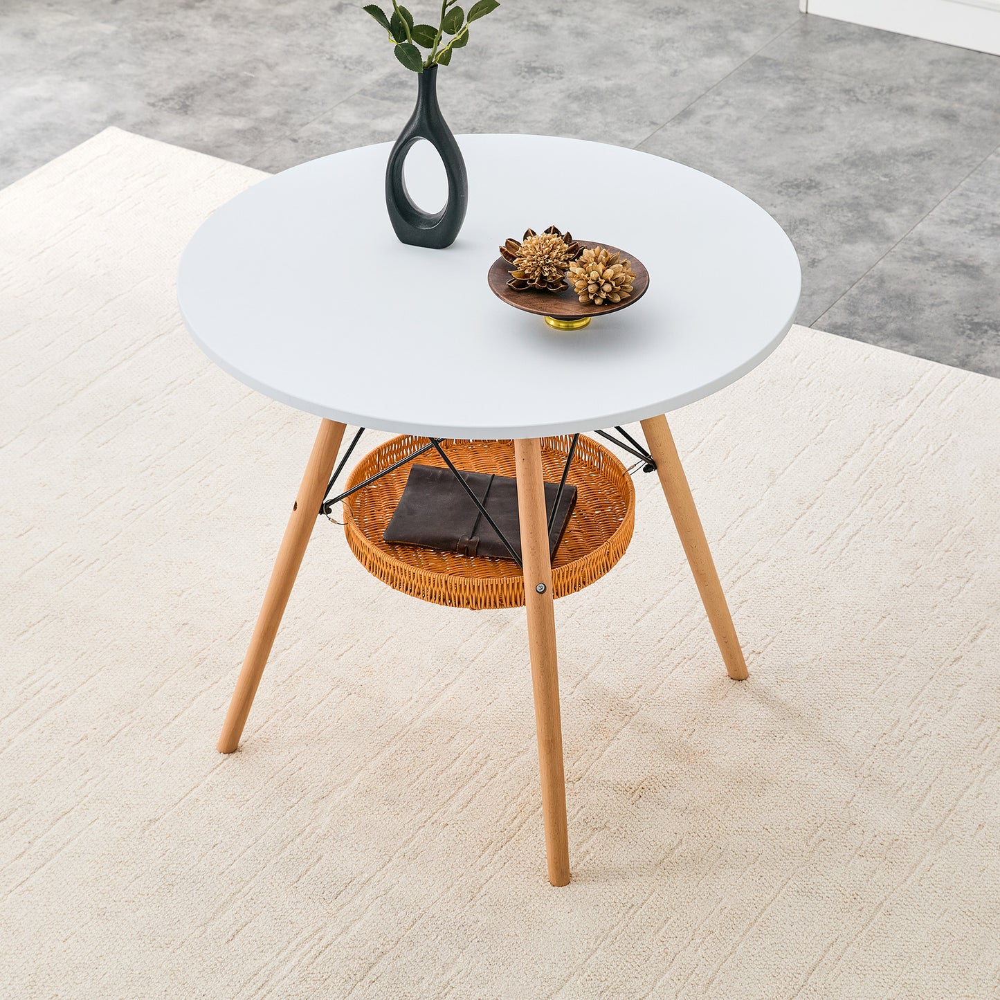 31.5-Inch Circular Dining Table with Woven Storage Basket - White
