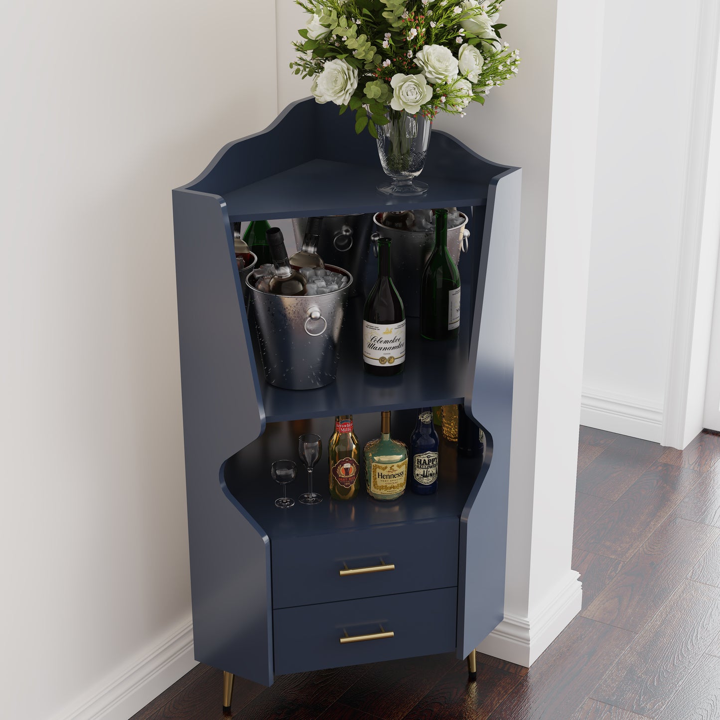 Wooden Corner Bar Cabinet With 2 Open Storage Shelves And Drawers,