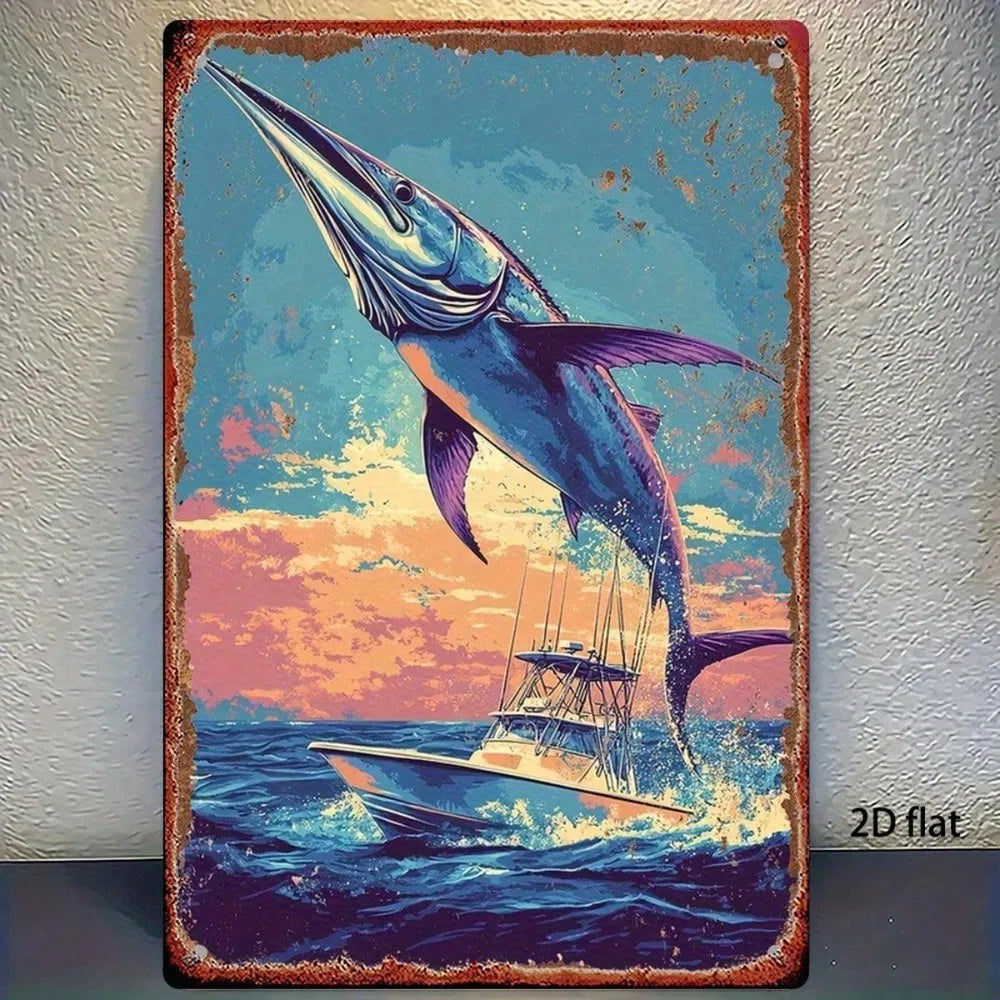 Vintage Ocean Fishing Metal Sign - 8x12 Inch Wall Art