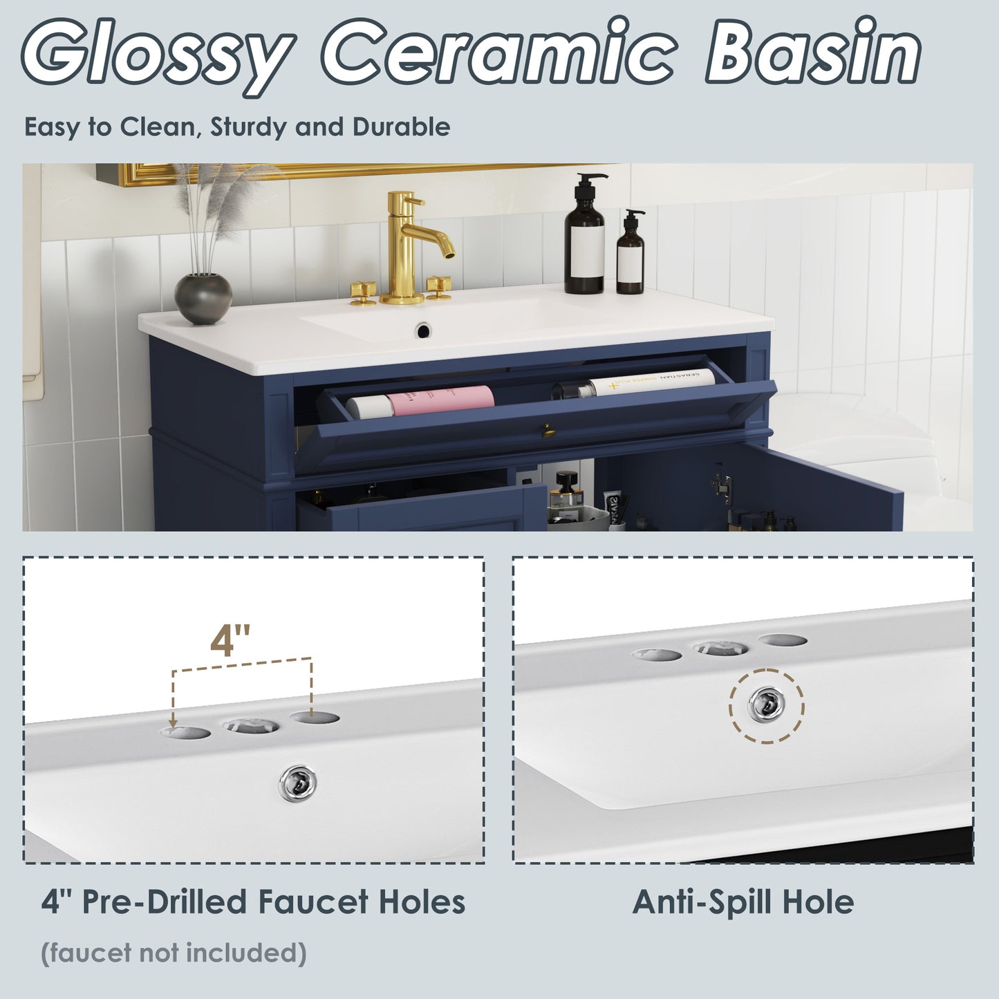 36'' Blue Bathroom Vanity with Ceramic Sink & 3 Drawers
