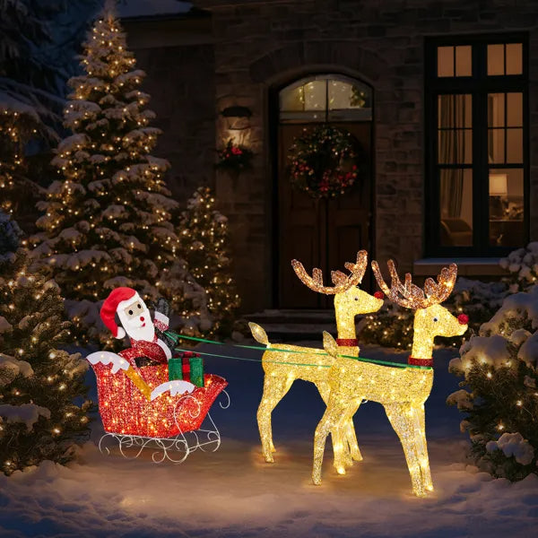 Lighted Reindeer Pulling Sleigh Christmas Decoration - Pre-lit Holiday Decor