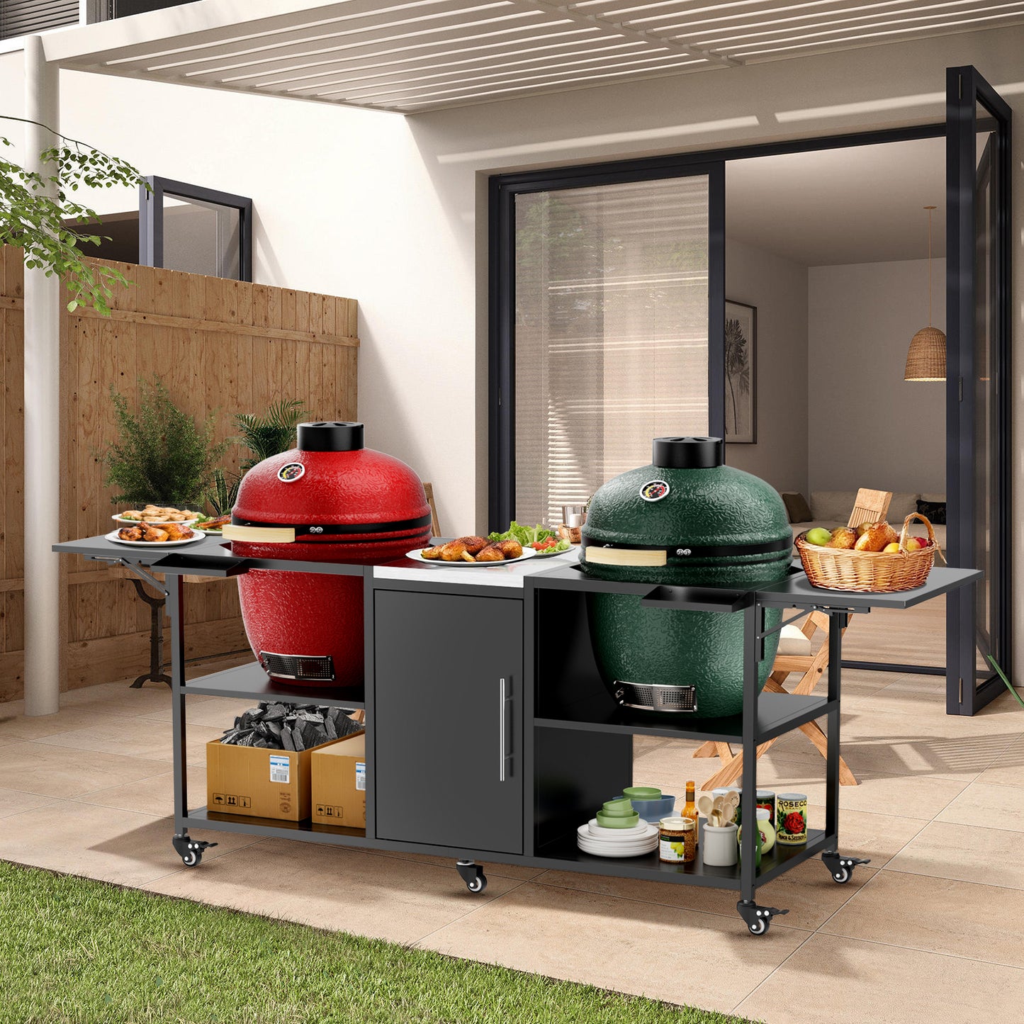 Outdoor Grill Cart for Two Big Green Egg & Kamado Joe 18 Inch - Metal Stainless Steel Table with Storage