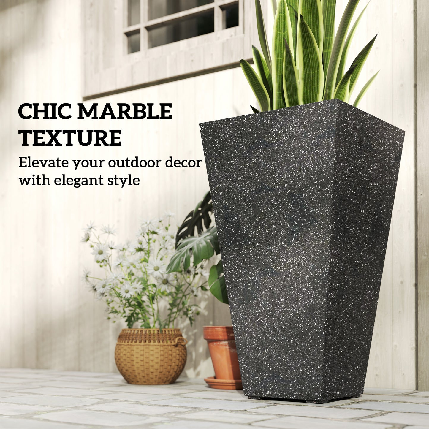 28-Inch Tall Plastic Planters Set of 3 with Marble Finish and Drainage Holes