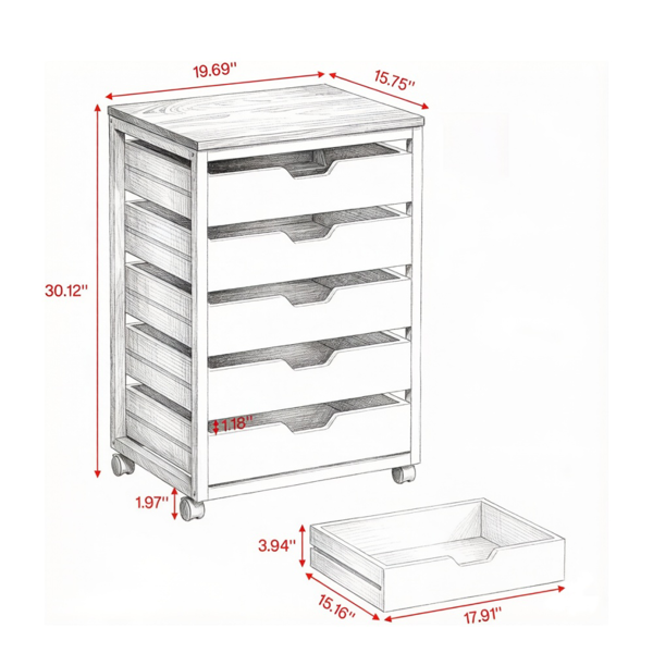 5-Drawer Storage Cabinet with Wheels - Rustic Industrial Design