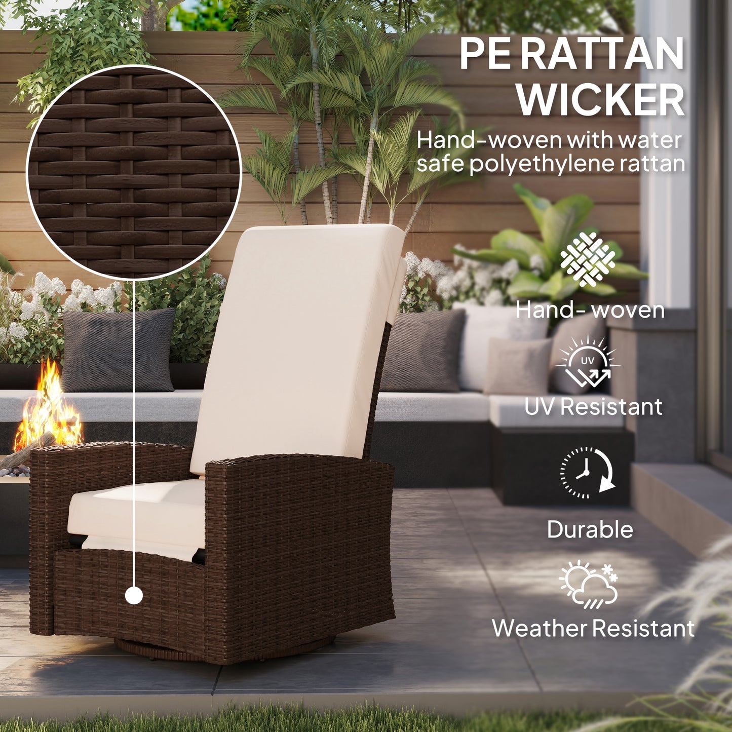 Outdoor Wicker Swivel Recliner Chair with Footrest - Cream White