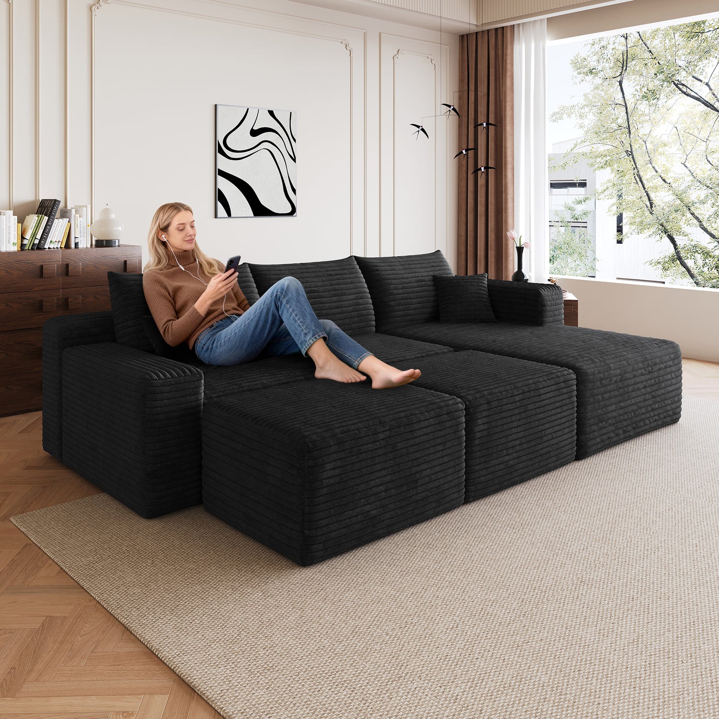 95" Cloud Sectional Sofa with 2 Ottomans - Black Corduroy