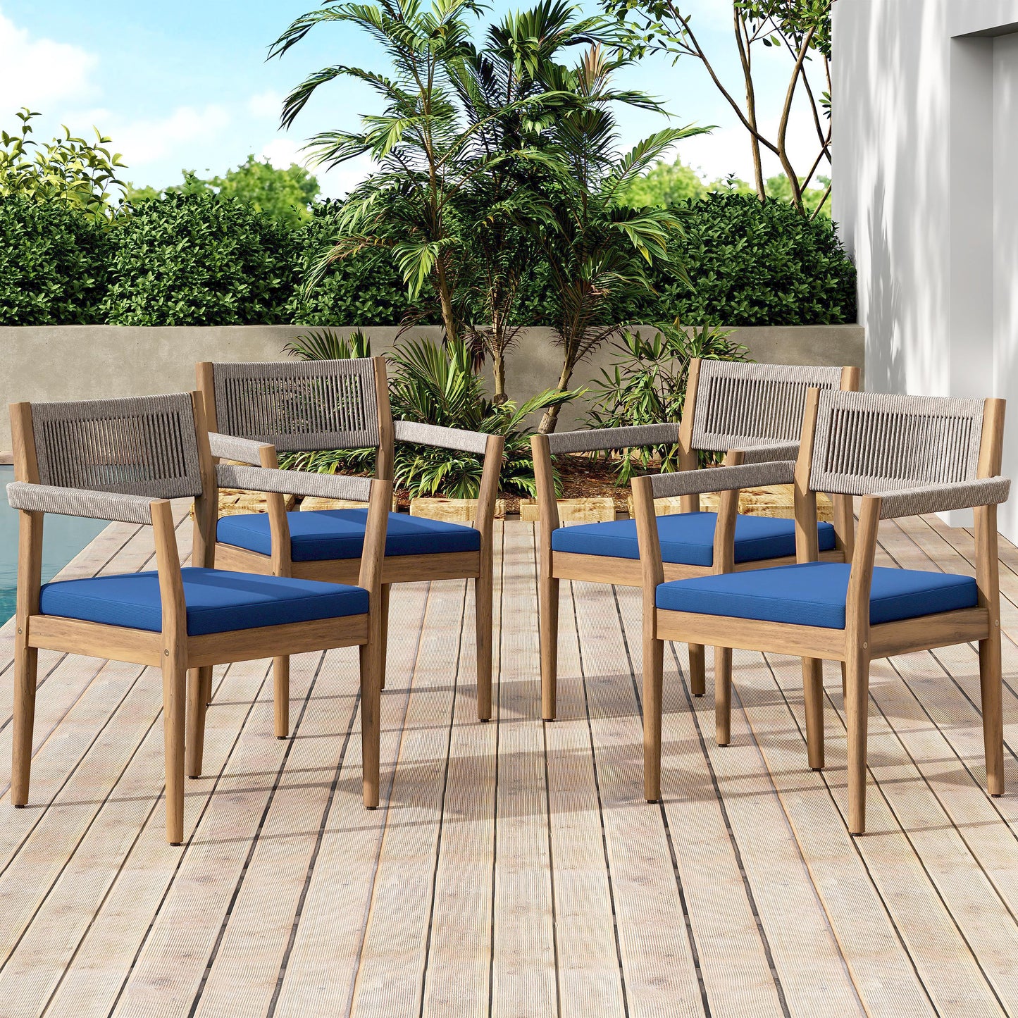 Braided Acacia Wood Outdoor Dining Chairs Set Of 4 -Teak Look With
