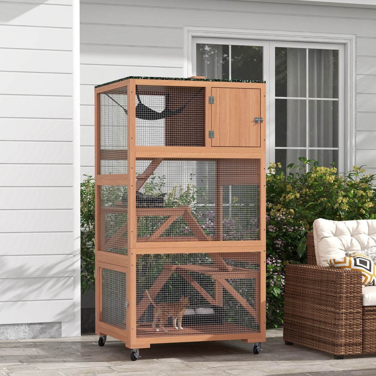 Outdoor Cat Enclosure House on Wheels with Hammock - Orange