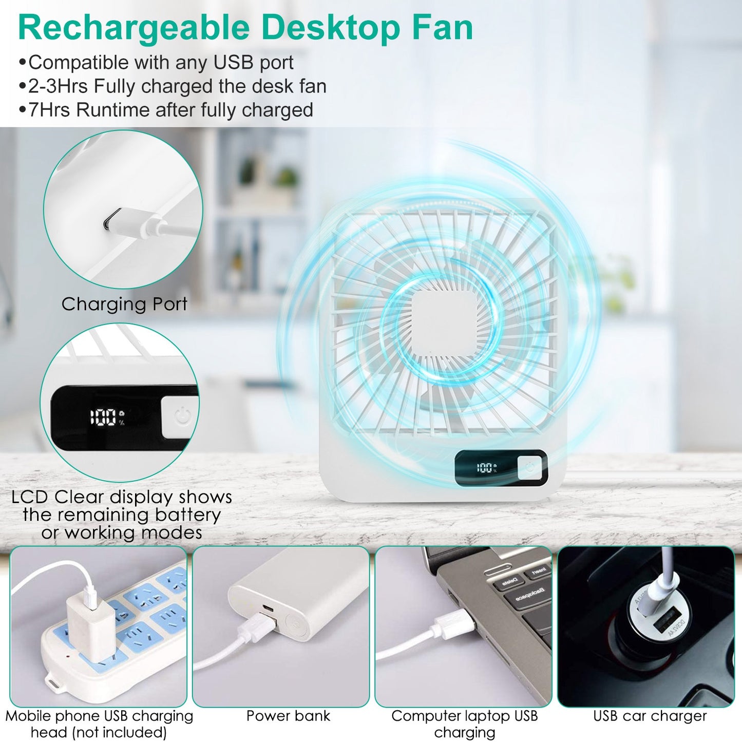 Rechargeable Mini Desktop Cooling Fan with LCD Display - 5 Modes