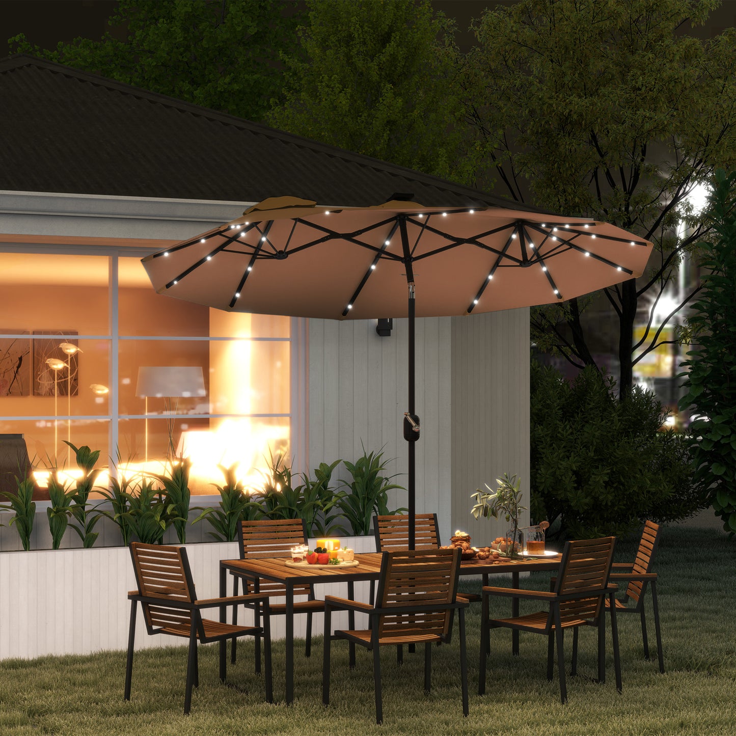 Double-Sided Patio Umbrella with Solar LED Light - Coffee