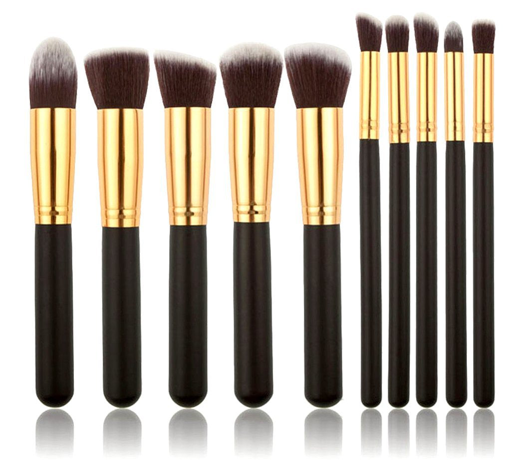 Portable Makeup Brush Set with Wooden Handles - 10-Piece Cosmetic Tools