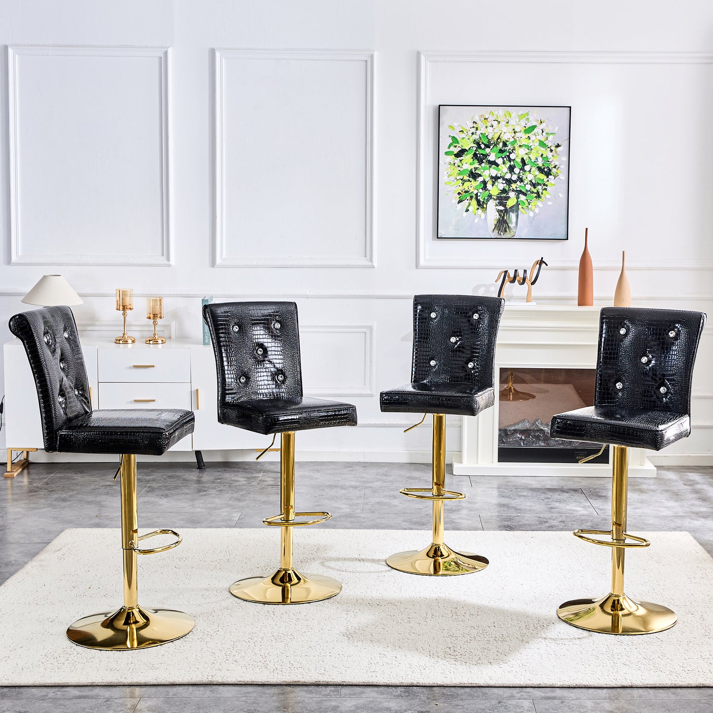 A Set Of 2 Black Vintage Crocodile Leather Lift Bar Chairs, Featuring