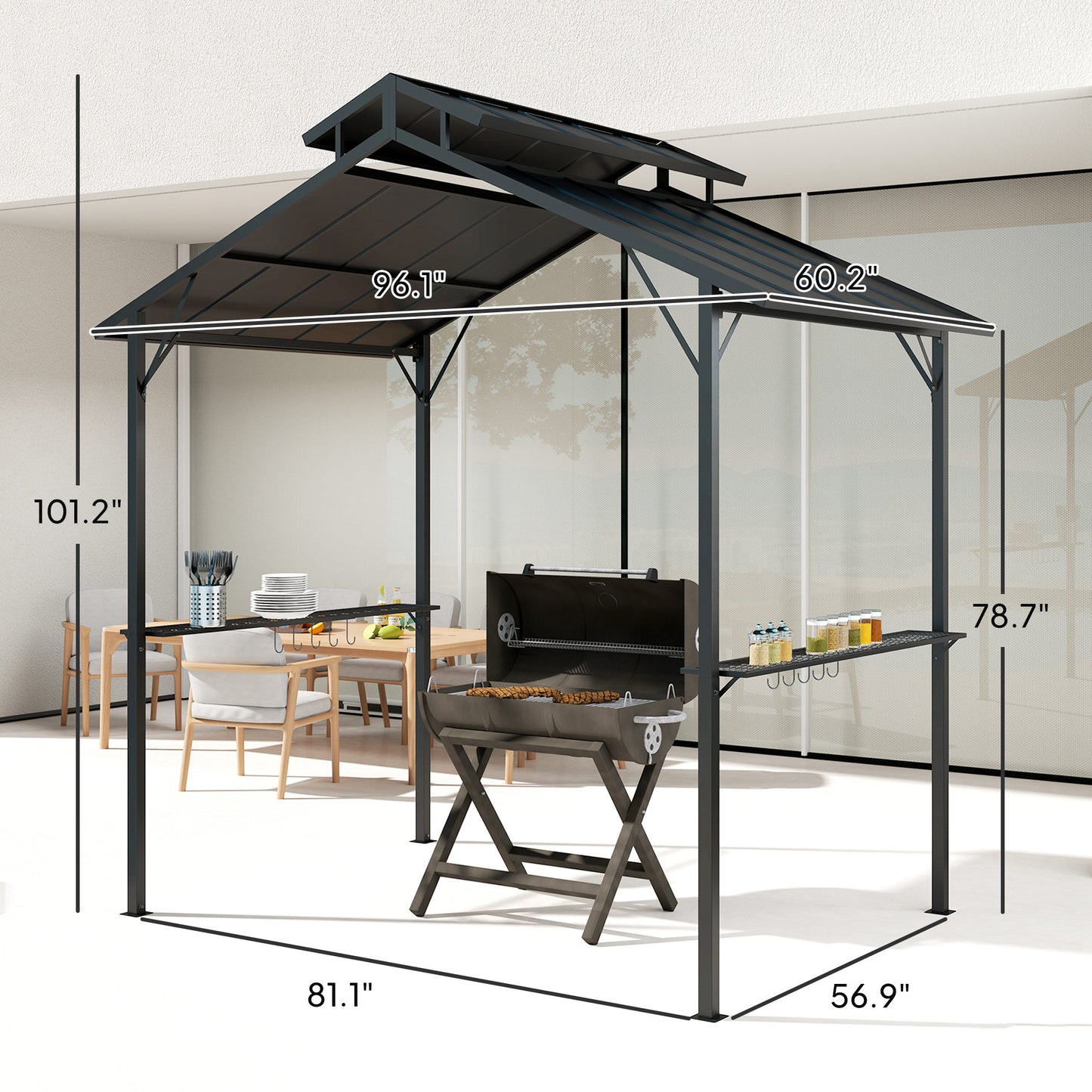 5x8ft Hardtop Grill Gazebo with Double Metal Roof & Shelves