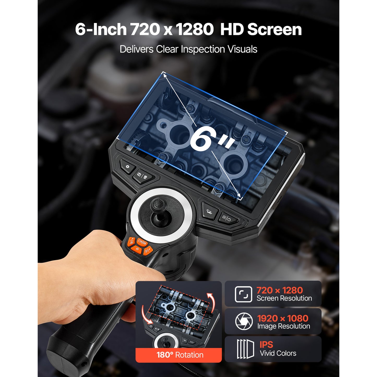 Articulating Endoscope with Light - 4-Way 360 Borescope Camera, 1920x1080, 6-Inch HD Screen, Waterproof Inspection Tool