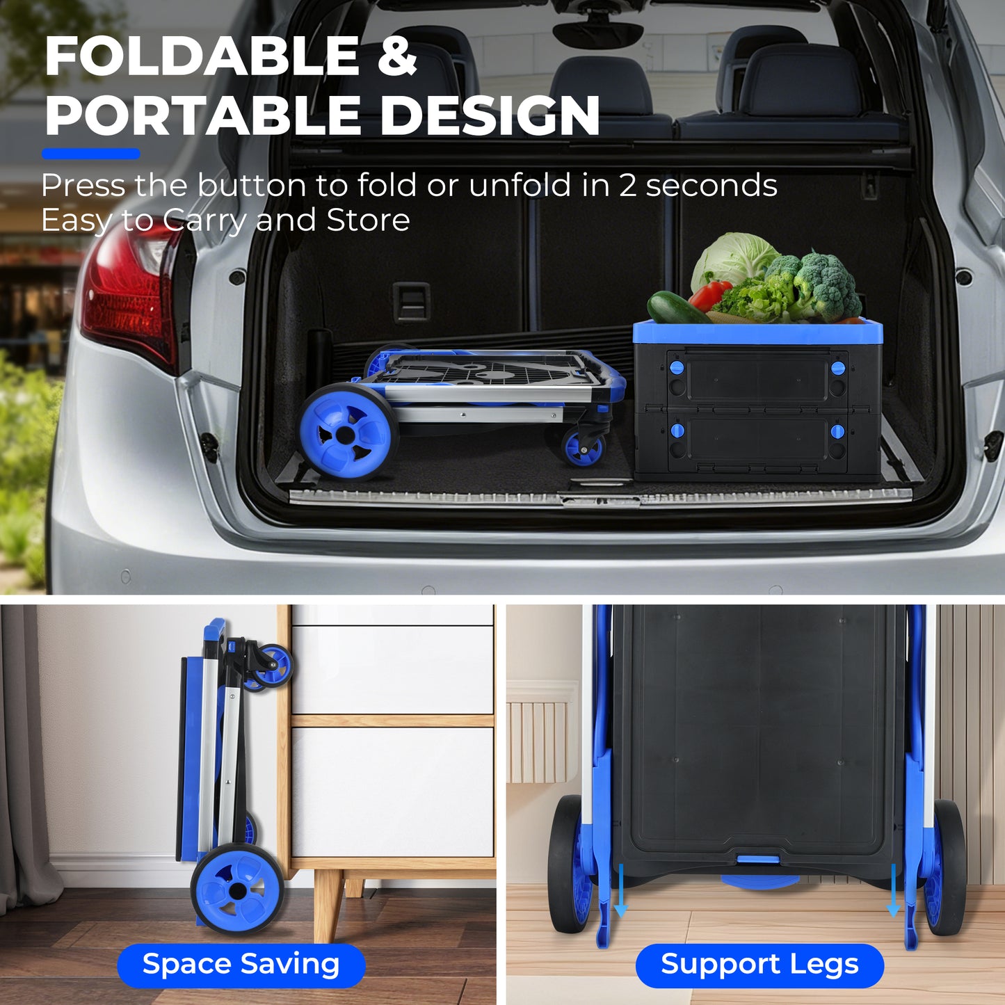 Heavy Duty Collapsible Shopping Cart with Wheels - Blue & Black