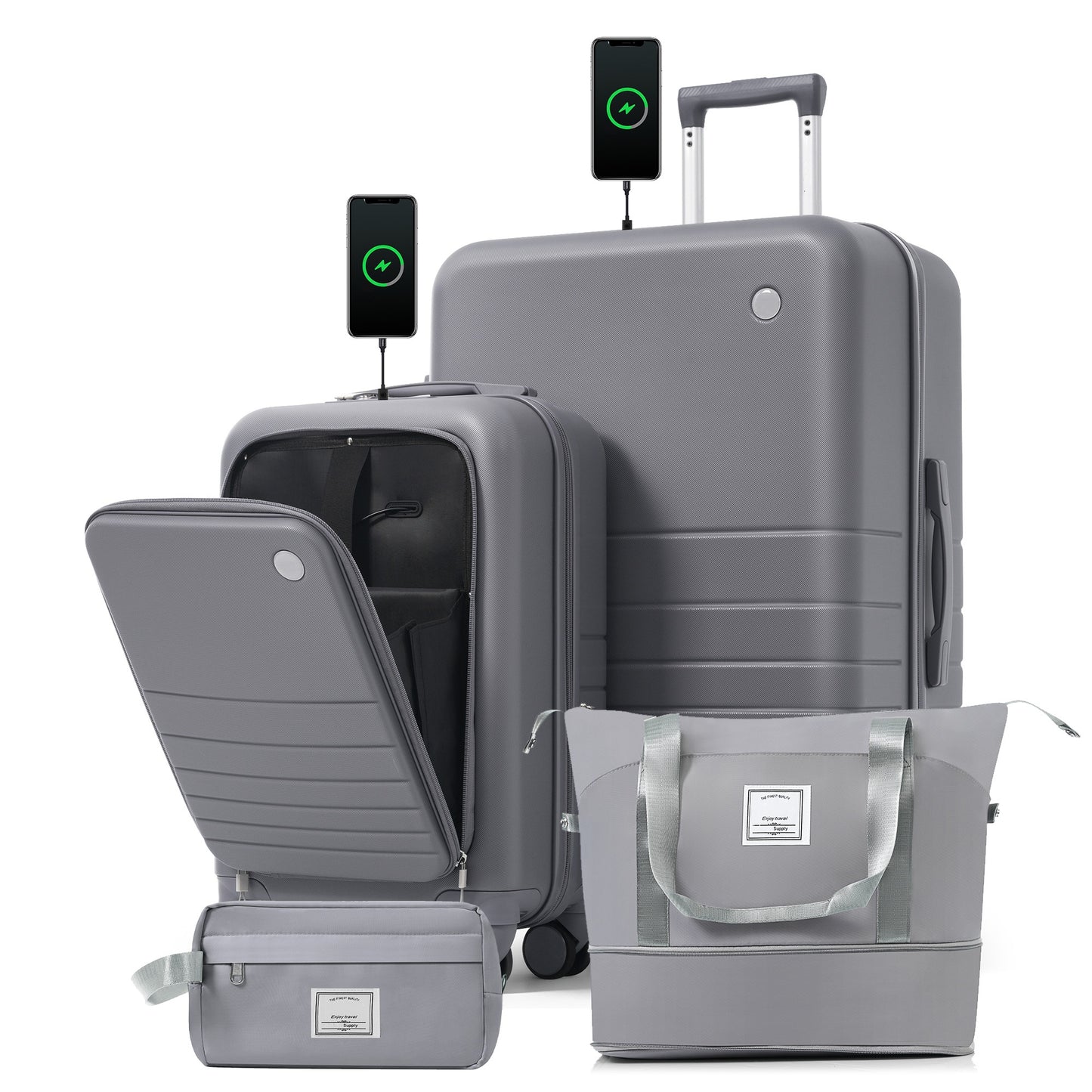 4-Piece Luggage Set with USB Charging Ports - Grey