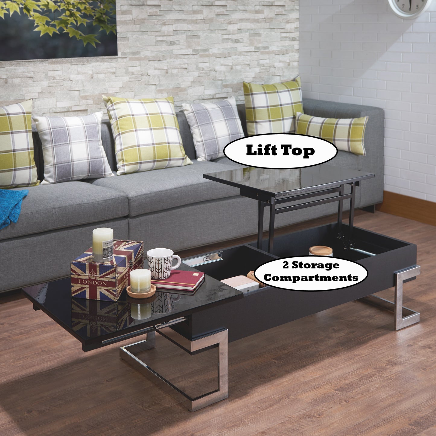 Black High Gloss Coffee Table with Lift Top and Chrome Base