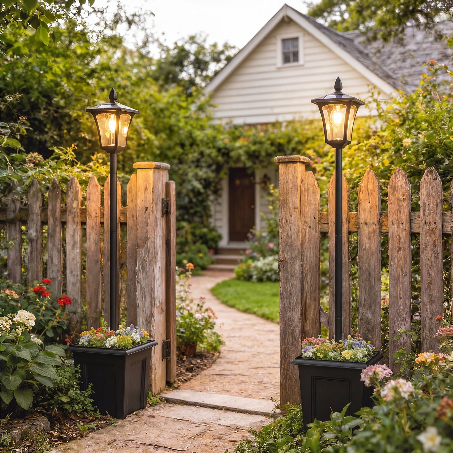 63" Waterproof Solar Lamp Post Lights with Planter - 2 Pack, Black