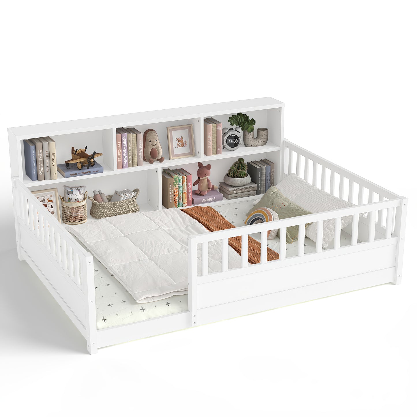 Full-Sized Wooden Floor Bed with Fence Guardrail and Storage - White