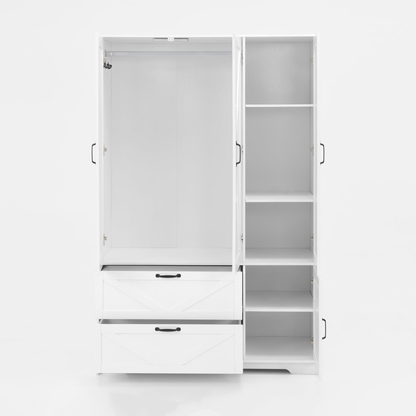 4-Door White Wardrobe Closet with Mirror & LED Lighting