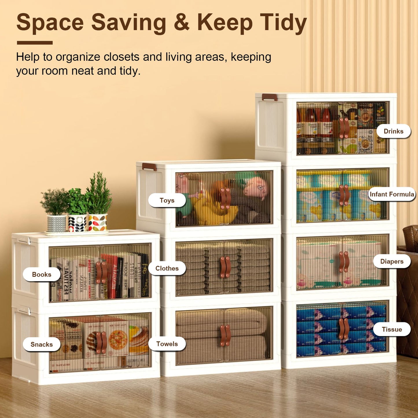 3Pcs Foldable Storage Bins With Lid Wheels Front Magnetic Door Fedex