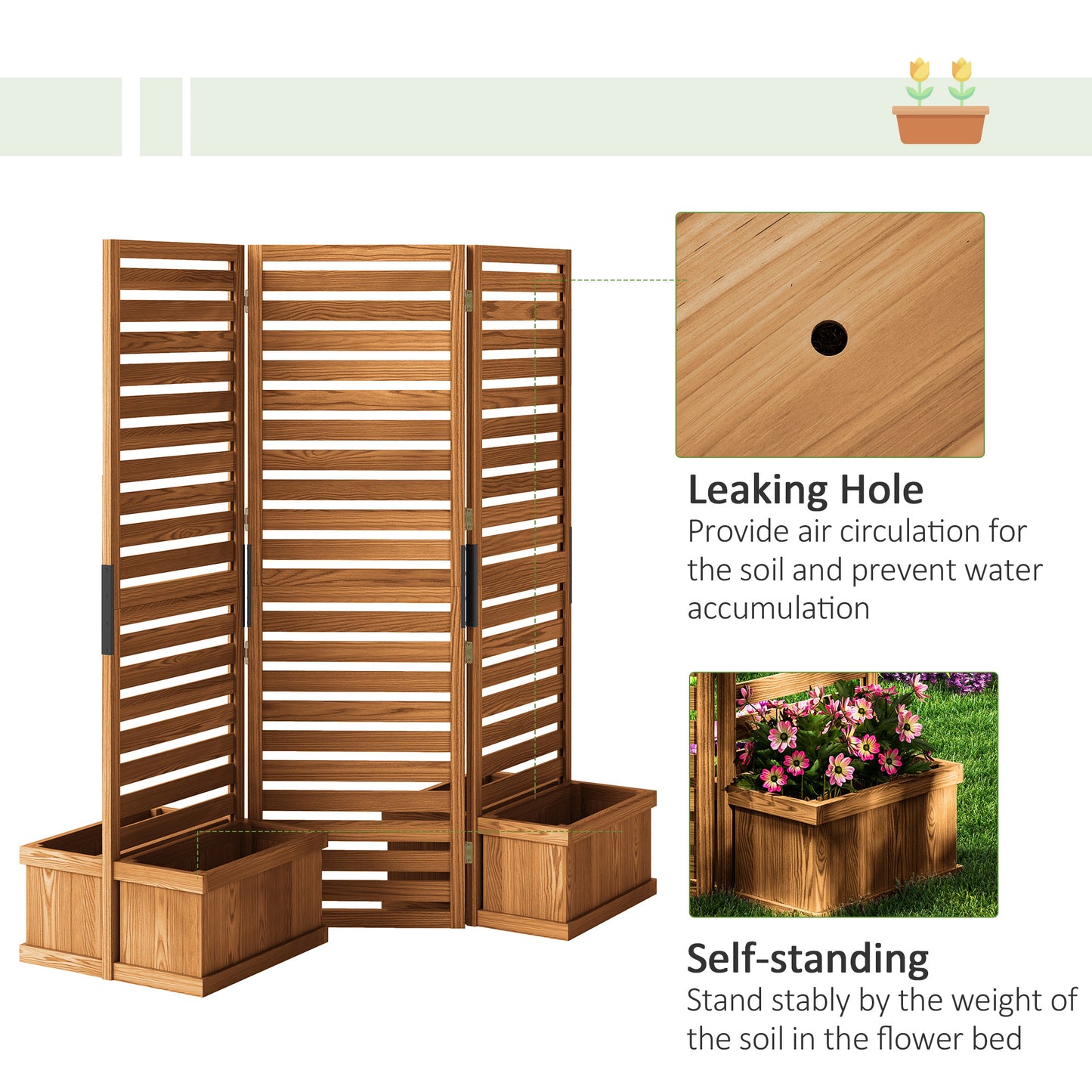 Wooden Garden Trellis with 4 Planter Boxes - Natural 62.5 x 19 x 66 Inches