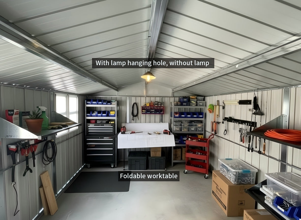 Metal Garden Shed 12x10 Ft with Window & Shelves - Grey