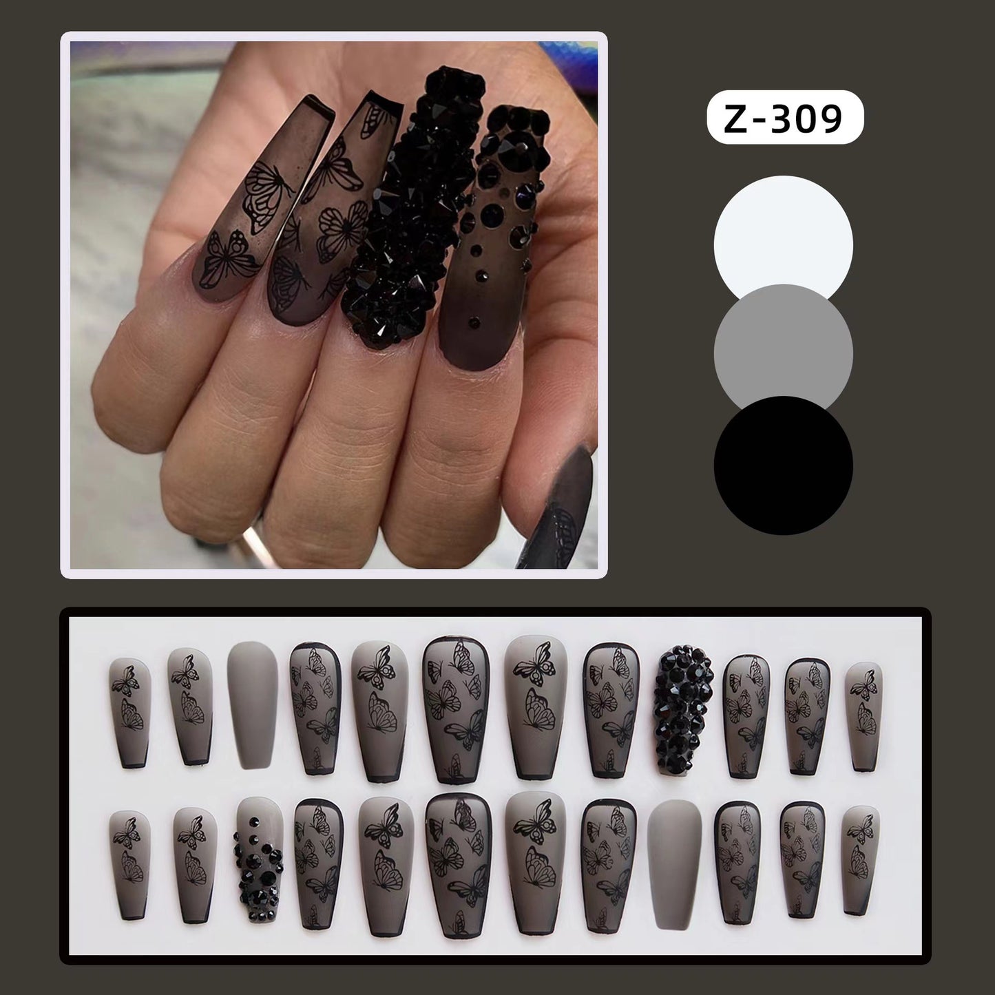 Long Fake Nail Set - Black Frosted Butterfly Design, Removable Armor Style