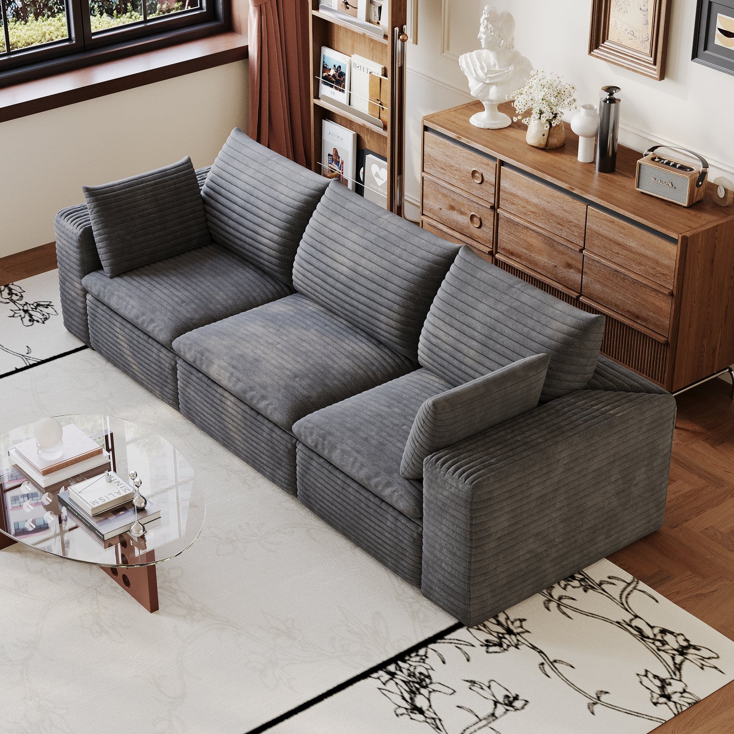 102" Cloud Sofa - Corduroy Fabric, Deep Seat, Removable Cushion, Dark Grey