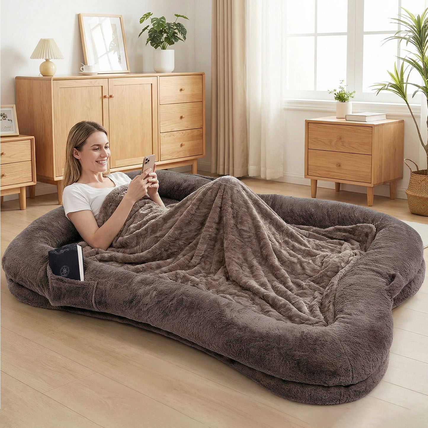 Large Washable Dog Bed with Blanket and Non-Slip Bottom - Plush Pet Nest