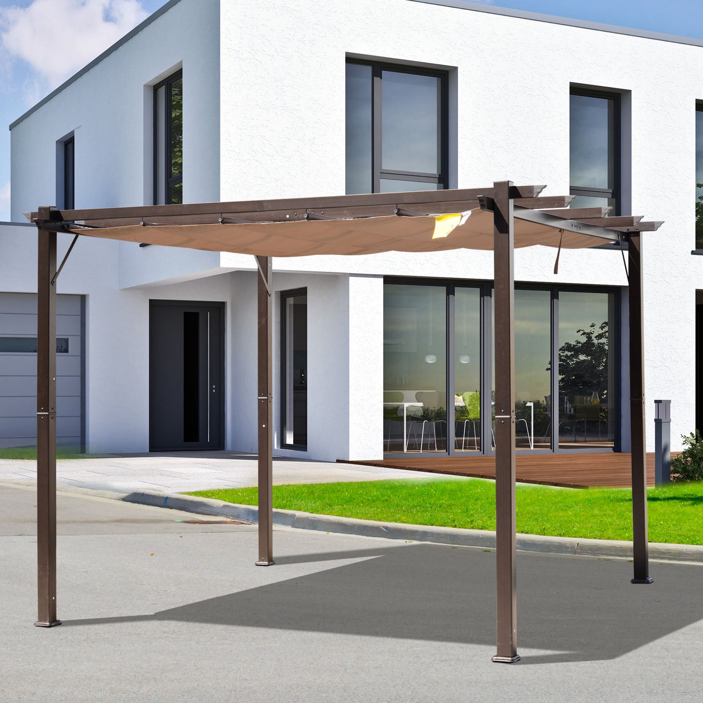 10x10 Outdoor Aluminum Pergola with Retractable Canopy - Brown