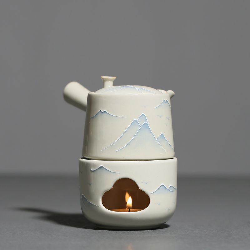 Hand-Painted Ceramic Tea Stove with Side Handle and Landscape Design