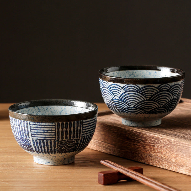 Cute Hand-Painted Porcelain Rice Bowl with Blue & White Sea Ripple Style